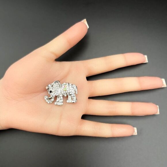 Silver with White Diamond AB and Black Onyx Crystal Elephant Pin Back Brooch - Picture 7 of 7